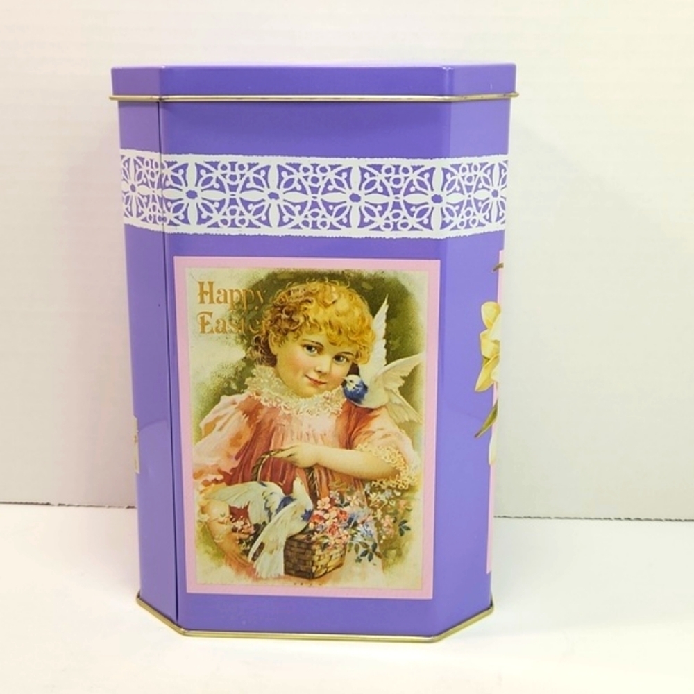 Easter Greetings Wishes Victorian Litho Printed Girl with Birds Tall Tin Box